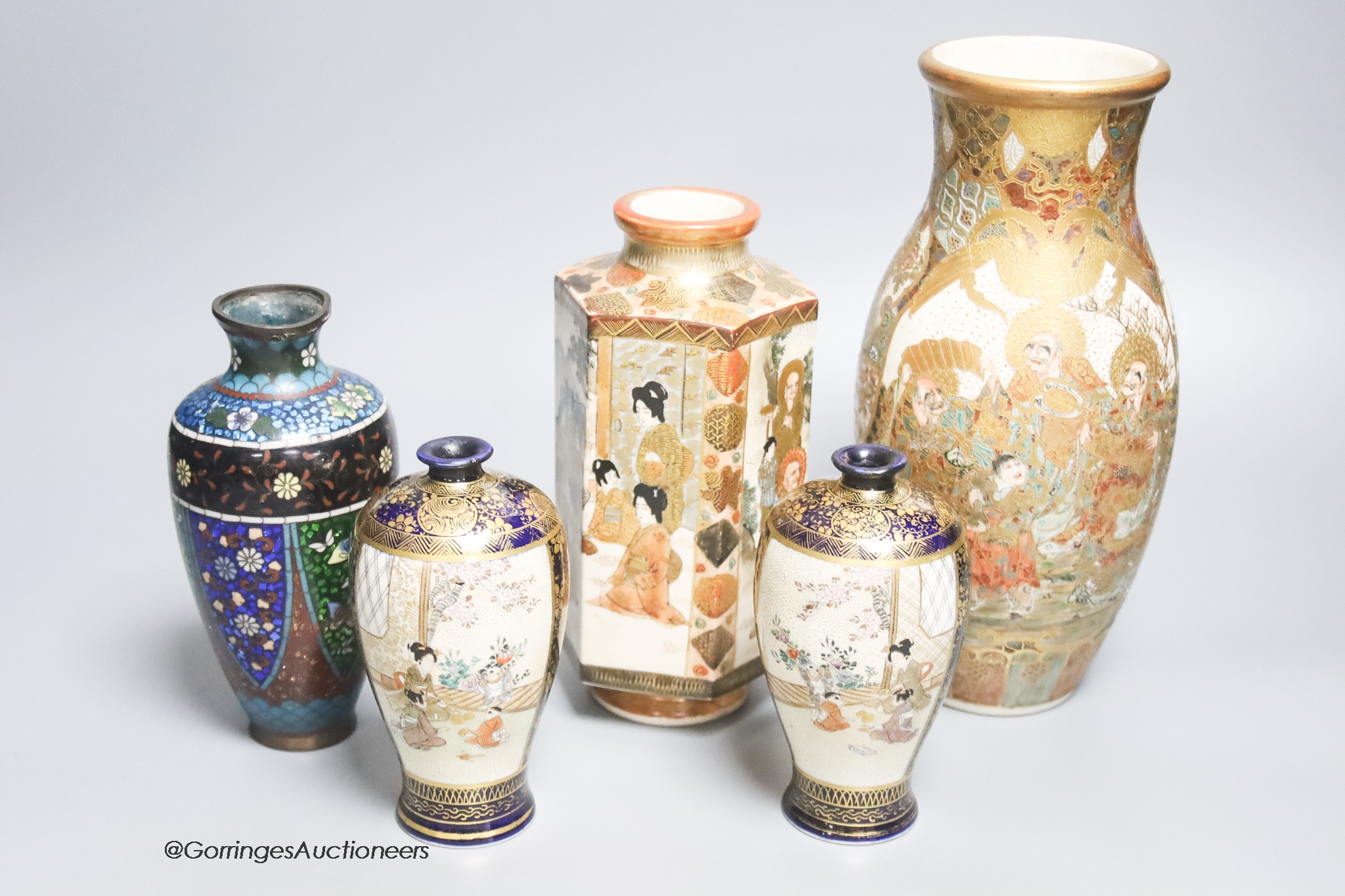 A pair of Satsuma vases, two other Satsuma vases and a cloisonne vase, tallest 23cm